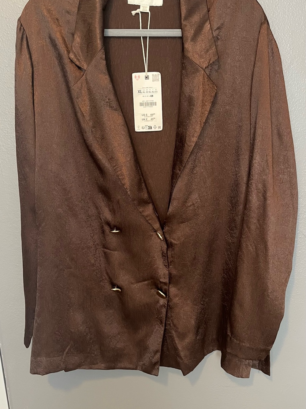 Zara Chocolate Brown Satin Double-Breasted Blazer
